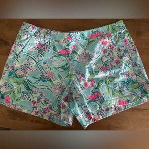 Lilly Pulitzer Aqua Floral Print Shorts with Pink and Green Accents